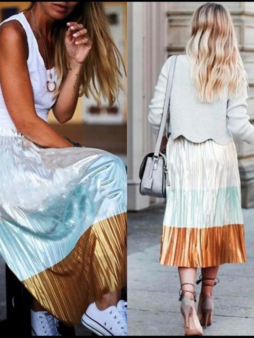 Eloquii Pleated Colorblock Midi Skirt in White, Aqua & Gold